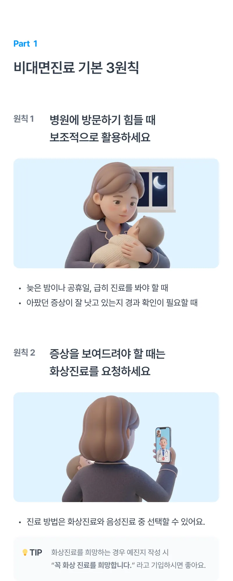 솔닥 비대면진료 기본 3원칙 - 1원칙: 병원에 방문하기 힘들 때 보조적으로 활용하세요, 2원칙: 증상을 보여드려야 할 때는 화상진료를 요청하세요