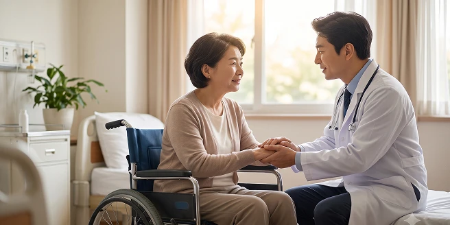휠체어에 앉은 환자의 손을 잡고 상담하는 의사
